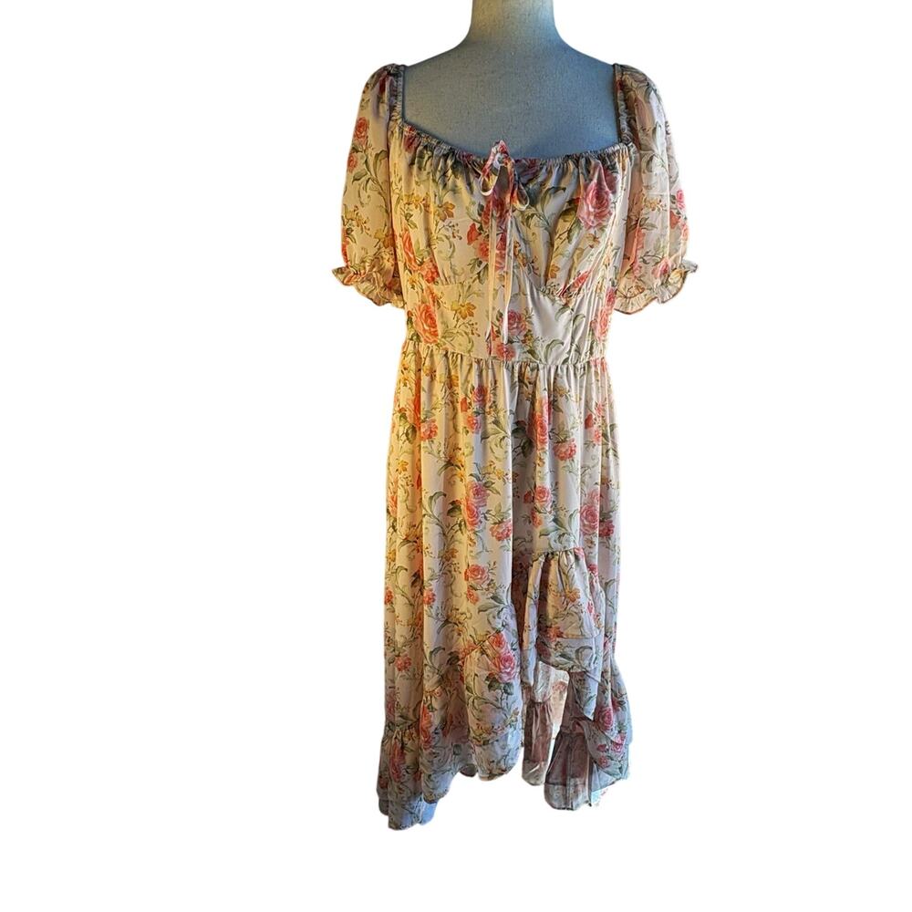 Scarlet Darkness Women’s L Pink Floral Smocked Square Neck Puff Sleeve Dress